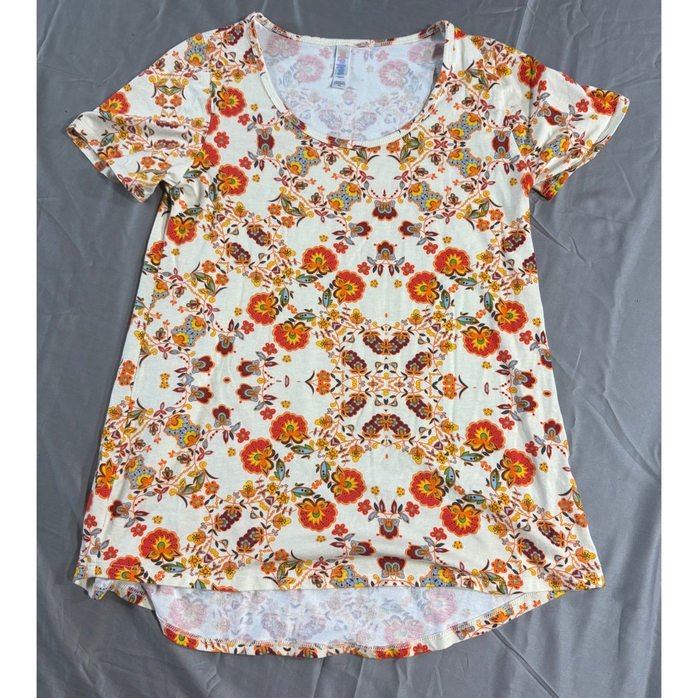 LuLaRoe Irma Tunic Top Womens XS Orange Yellow Floral Kaleidoscope High Low‎ Hem